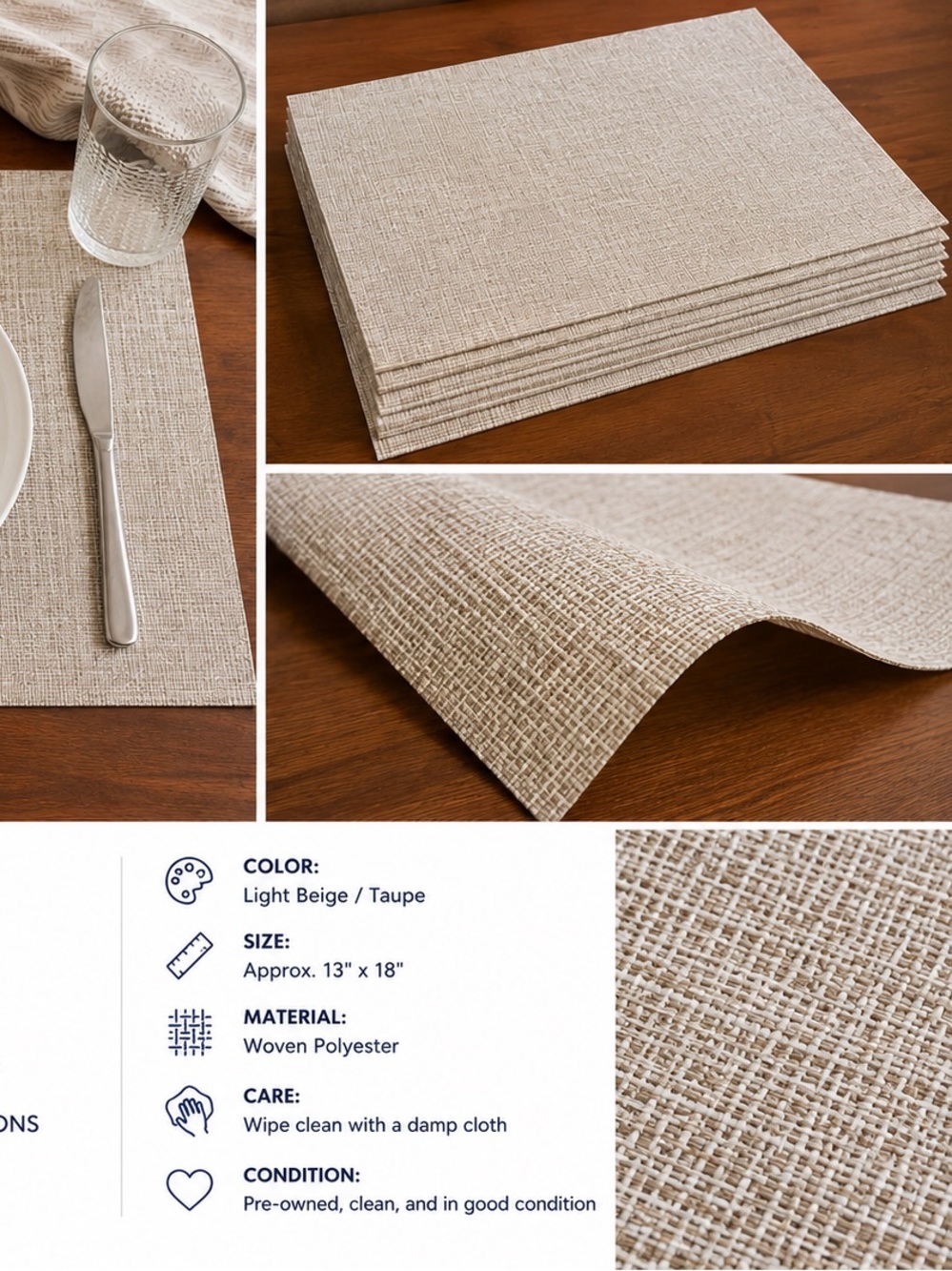 Source Unknown Light Beige/Taupe Woven Polyester Placemats - Set of 6